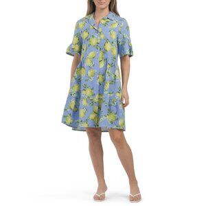 FRANCESCA BETTI Italy Linen Blend Short Sleeve Lemon Mini Shirt Dress